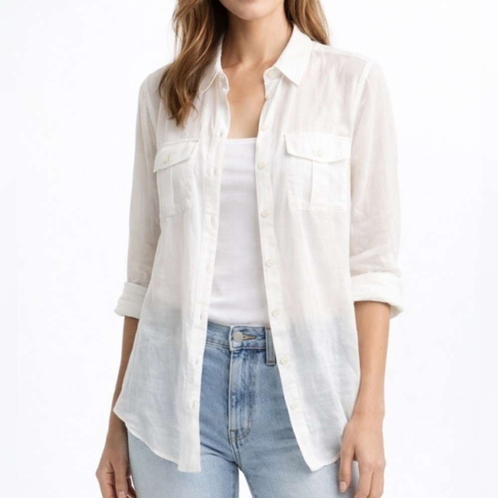 White Sheer Button Down Shirt Size 1 M Long Sleeve Pocket Blouse Coastal Layer
